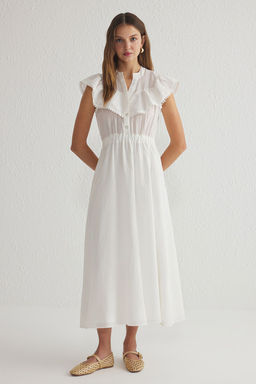 Beyaz Etegi Belden Ac?lan Nak?s Yaka Detayl? Astarl? Maxi Dokuma Elbise TWOSS25EL00180