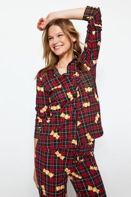 Trendyolmilla Cok Renkli %100 Pamuklu Ay?c?kl? Ekoseli Gomlek-Pantolon Orme Pijama Tak?m? THMAW24PT00104