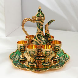 Набор посуды сувенирной: винный кувшин, 6 бокалов, поднос «Турция. Цветы и узоры», зелёный с золотом