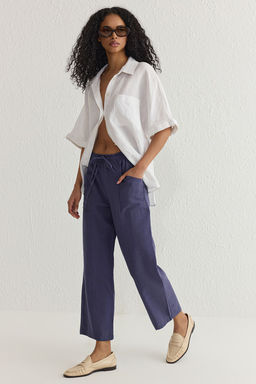 TRENDYOLMILLA Indigo Keten Icerikli Beli Lastikli Straight/Duz Kesim Dokuma Pantolon TWOSS25PL00016