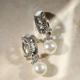 Серьги клипсы для ушей QF «Грейс», звёзды с бусинами, белые в чернёном серебре