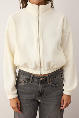 Ekru Polar Fermuarl? Oversize/Genis Kal?p Kal?n Orme Sweatshirt TWOAW26SW00057