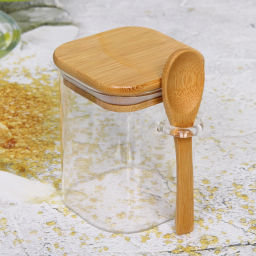 Банка для продуктов стеклянная 450мл "Хай-Тек" с бамбуковой крышкой и ложкой, квадратная 8*10см