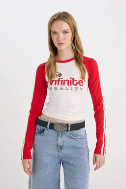 Приталенная футболка приталенного кроя с круглым вырезом и длинными рукавами с принтом - Defacto фото 3