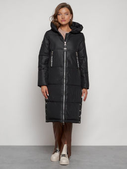 Пальто утепленное с капюшоном зимнее женское черного цвета 13816Ch - Visdeer фото 2