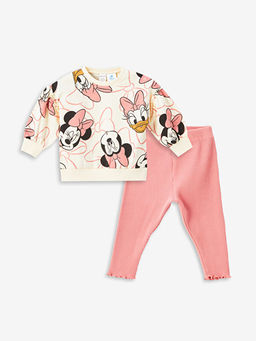 Bisiklet Yaka Uzun Kollu Minnie Mouse Bask?l? K?z Bebek Sweatshirt ve Tayt 2li Tak?m