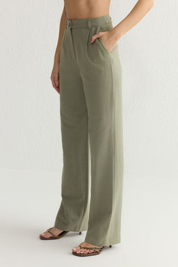 TRENDYOLMILLA Haki Keten Gorunumlu Wide Leg/Genis Paca Dokuma Pantolon TWOSS25PL00018