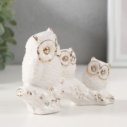 Фигурка керамика «Три белых филина на коряге», с золотом, стразы, 3.8×11×8.5 см