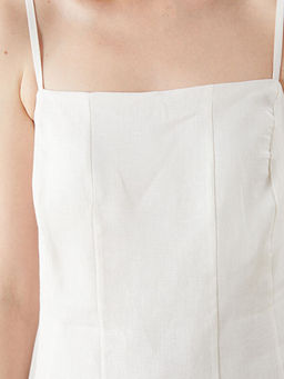 Kare Yaka %100 Keten Mini Elbise