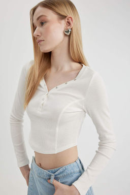 Крутая приталенная футболка в рубчик с длинными рукавами - Defacto фото 5