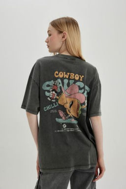 Coool Oversize Genis Kal?p S?rt Bask?l? K?sa Kollu Tisort