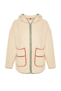 TRENDYOLMILLA Ekru Kal?n Polar Kontrast Biyeli Kapusonlu Relaxed/Rahat Kal?p Orme Sweatshirt TWOAW24SW00021  фото 6