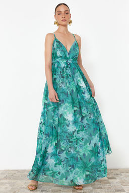 TRENDYOLMILLA Cok Renkli A-Kesim Cicekli Dokuma Sifon Uzun Abiye Elbise TPRSS24AE00094  фото 2
