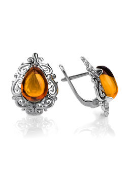 Изысканные серьги Луксор с золотисто-коньячным янтарём