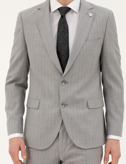 Gri Ex. Slim Fit %100 Y_n _izgili Tak_m Elbise