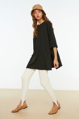 Siyah Duble Kol Genis Kesim Asimetrik Boyfriend Orme T-Shirt TWOSS20TS0828