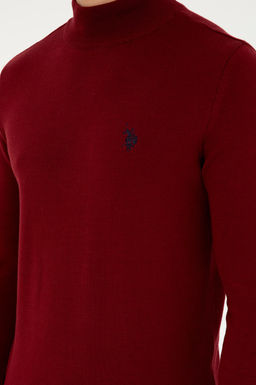 Erkek Slim Fit Yar_m Bo_azl_ Bordo Basic Kazak