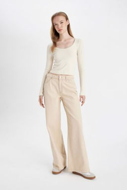Gabardin Bej Pantolon Wide Leg Genis Bol Paca Normal Bel Duz Basic