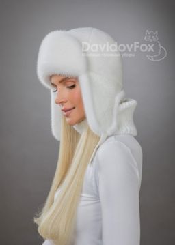 Комплект ушанка норка трикотаж белая манишка