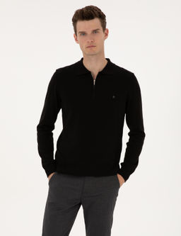 Siyah Slim Fit Polo Yaka Fermuarl_ Basic Triko Kazak