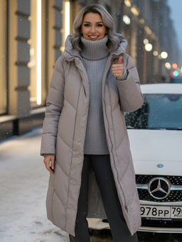 Пальто зимнее утепленное с капюшоном женское серого цвета 7628Sr - Mtforce фото 20
