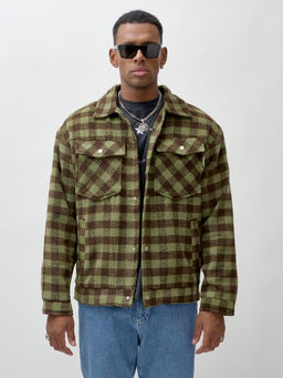 Куртка рубашка шерстяная в клетку мужская демисезонная зеленого цвета 58566Z