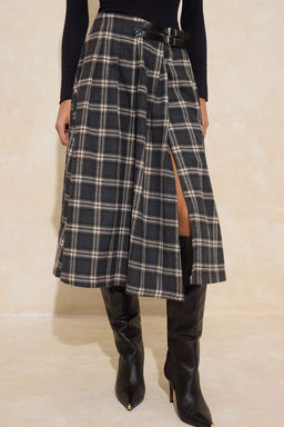 Ekoseli/Kareli Flanel Dokuma Midi Y?rtmac Detayl? Etek TWOSS26ET00046 - Trendyolmilla фото 3