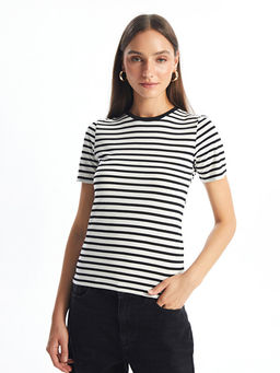 Bisiklet Yaka ?izgili K?sa Kollu Kad?n Ti??rt