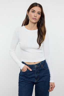 Ekru-Bordo li Paket Vucuda Oturan Bisiklet Yaka Fitilli Crop Esnek Orme Bluz TWOAW22BZ0331