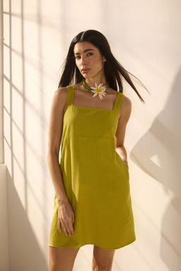 Trendyolmilla Yag Yesili Keten Kar?s?ml? A Kesim Gipeli Ask?lar? Ayarlanabilir Mini Dokuma Elbise TWOSS25EL00648  фото 2