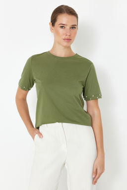 Haki %100 Pamuk Tas Aksesuar Detayl? Regular/Normal Kal?p Orme T-Shirt TWOSS24TS00070