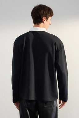 TRENDYOL MAN Siyah Premium Oversize/Genis Kesim Nak?s ve Bask? Detayl? Polo Yaka Sweatshirt TMNAW25SW00039 - Trendyolmilla фото 5