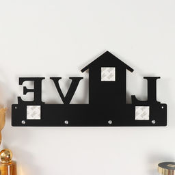 Настенные крючки декоративные Дом с сердцем, ключница, дерево, чёрный, зеркальный, 2.8?33.8?16.8 см