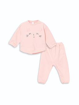 Bisiklet Yaka Uzun Kollu Nak??l? K?z Bebek Sweatshirt ve E?ofman Alt 2li Tak?m