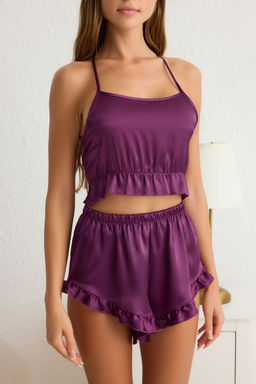 Trendyolmilla Murdum F?rf?rl? ve S?rt Ip Ask?l? Saten Sortlu Dokuma Pijama Tak?m? THMSS23PT00048  фото 34