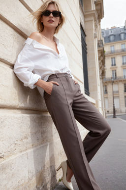 Antrasit Straight/Duz Kesim Yuksek Bel Nervur Dikisli Dokuma Pantolon TWOSS21PL0093