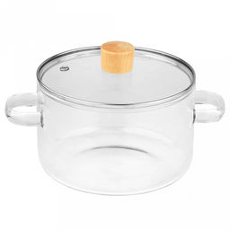 Салатник стеклянный Аврора 1,7л, д16см, h10см, основание д15см, общая h13,5см, стеклянная крышка с ободком из нержавеющей стали, пароотводом и деревянной ручкой, 2 ручки, в коробке (Китай)