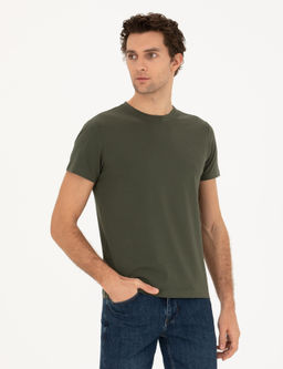 Хаки Облегающая базовая футболка с круглым вырезом - Cacharel фото 3