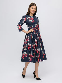 Платье темно-синее длины миди с принтом и рукавами 3/4 - 1001dress фото 4