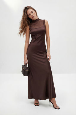 Kahverengi Duz Saten Maxi Abiye & Mezuniyet Elbisesi TPRSS26AE00168 - Trendyolmilla фото 2