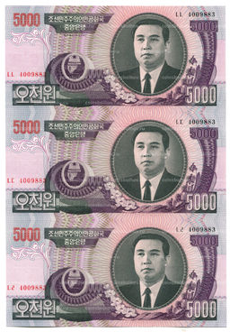 Банкнота 5000 вон 2006 года Северная Корея  Лист из трех банкнот