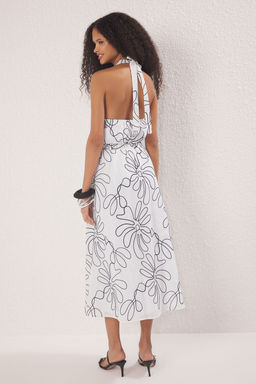 Trendyolmilla Beyaz Etegi Belden Ac?lan Cicek Nak?sl? Midi Dokuma Elbise TWOSS25EL00428  фото 5
