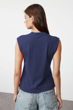 Indigo Viskoz/Yumusak Kumas Fitted/Vucuda Oturan Esnek Orme Bluz TWOSS24BZ00432