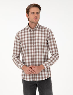 Kahverengi Kareli Regular Fit Uzun Kollu G_mlek