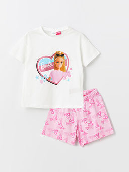Bisiklet Yaka Barbie Bask?l? K?sa Kollu K?z ?ocuk ?ortlu Pijama Tak?m?