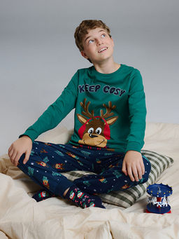 Bisiklet Yaka Y?lba?? Temal? Erkek ?ocuk Pijama Tak?m?