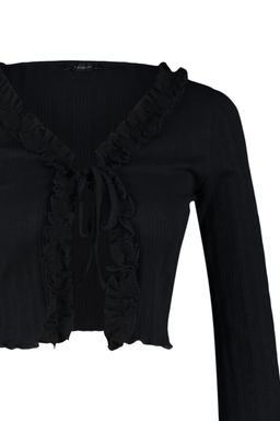 Trendyolmilla Siyah F?rf?r Detayl? Onden Baglamal? Fitilli Esnek Crop Orme Bluz TWOAW24BZ00109