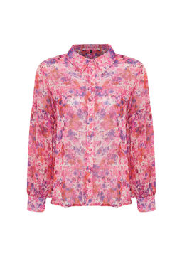 Pembe Balon Kol Cicek Desenli Sifon Kumas Oversize Genis Kal?p Dokuma Gomlek TWOSS24GO00003