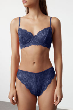 Lacivert Dantelli Ip Ask?l? Balenli Kaps?z Orme Ic Camas?r? Tak?m? THMAW22AU0237