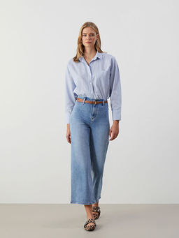 Beli Kemerli Wideleg Kad?n Jean Pantolon